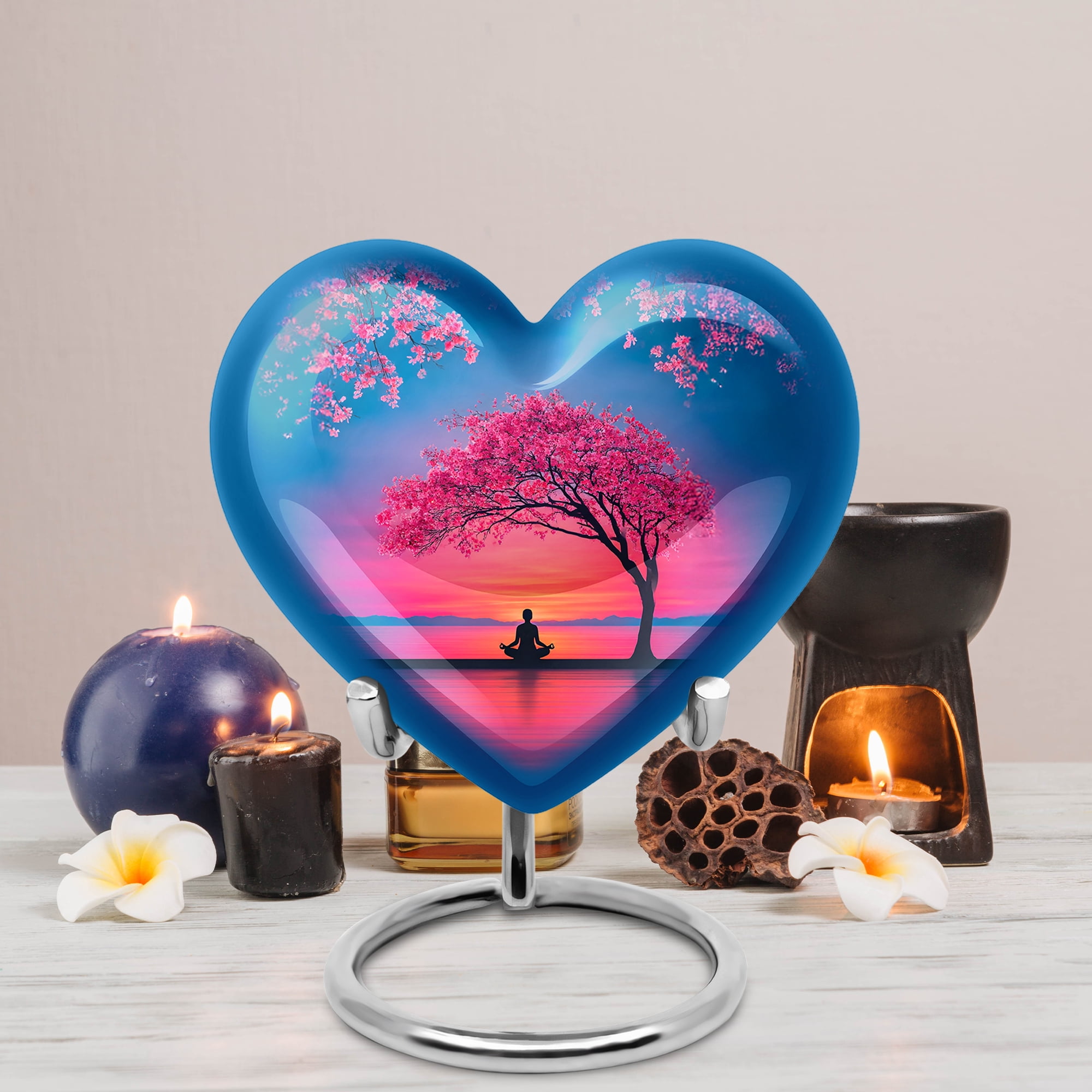 MUKTIVE Cherry Blossom Funeral Urns for Human Ashes, Adult Urn for Ashes Male & Female, Sunrise Heart Urns for Dad and Mom, Large Blue Urn for Couple Cremation, 8 Inch