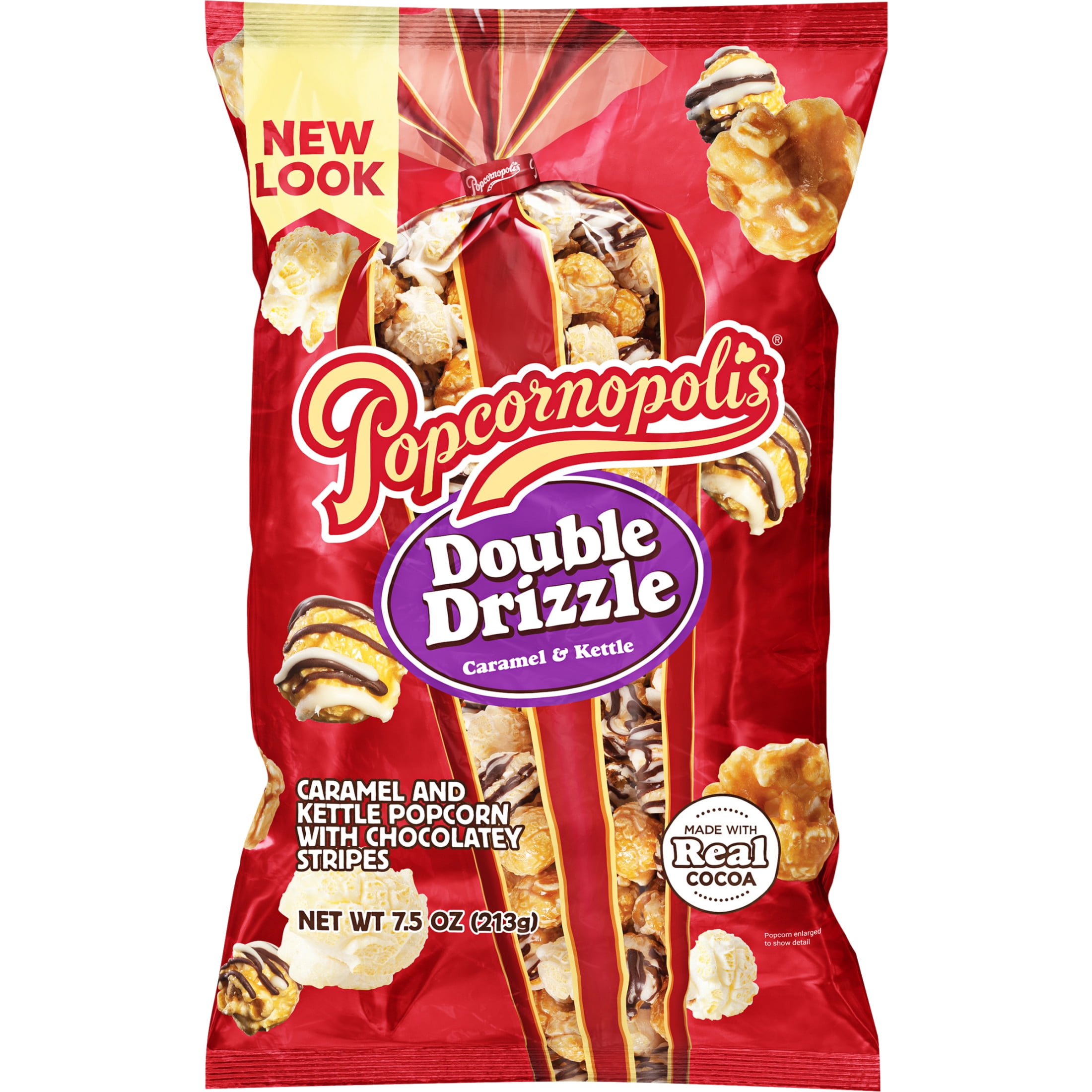 (2 pack) Popcornopolis Double Drizzle 7.5 oz Bag, Caramel and Kettle with Chocolatey Stripes Popcorn