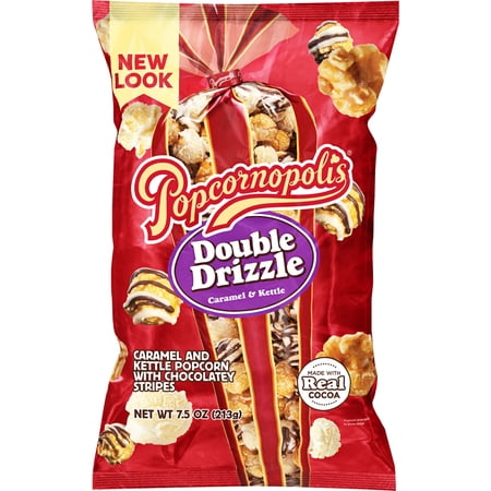 Popcornopolis Double Drizzle 7.5 oz Bag, Caramel and Kettle with Chocolatey Stripes Popcorn