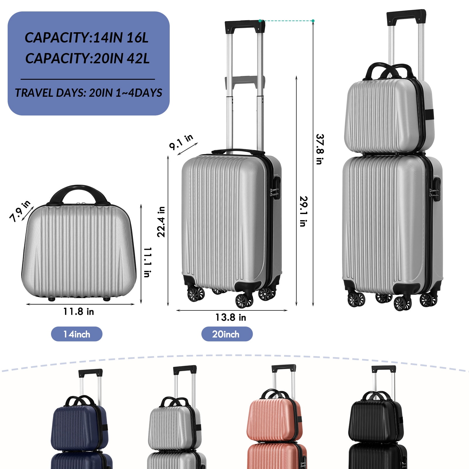 20 Inch Carry On Suitcase Lightweight with 14in case