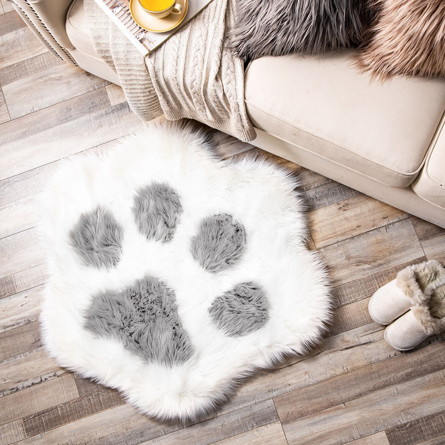 Phantoscope Ultra Soft Faux Sheepskin Fur Cat Paw Rug, Fluffy Non-Slip Area Rug, Light Gray with White, 2 x 3 ft