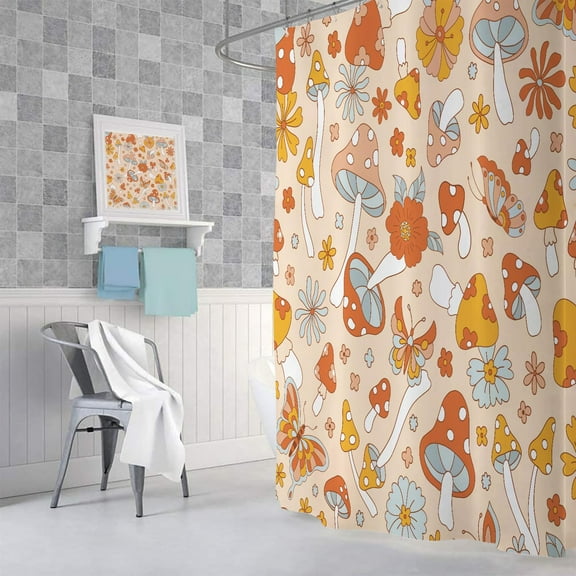 Daisy Mushroom Shower Curtain, Boho Floral Shower Curtains for Bathroom, Retro Mushroom Butt 70s Shrooms Funky Groovy Aesthetics Flowers Fabric Shower Curtain Sets Decor Accessories Hooks