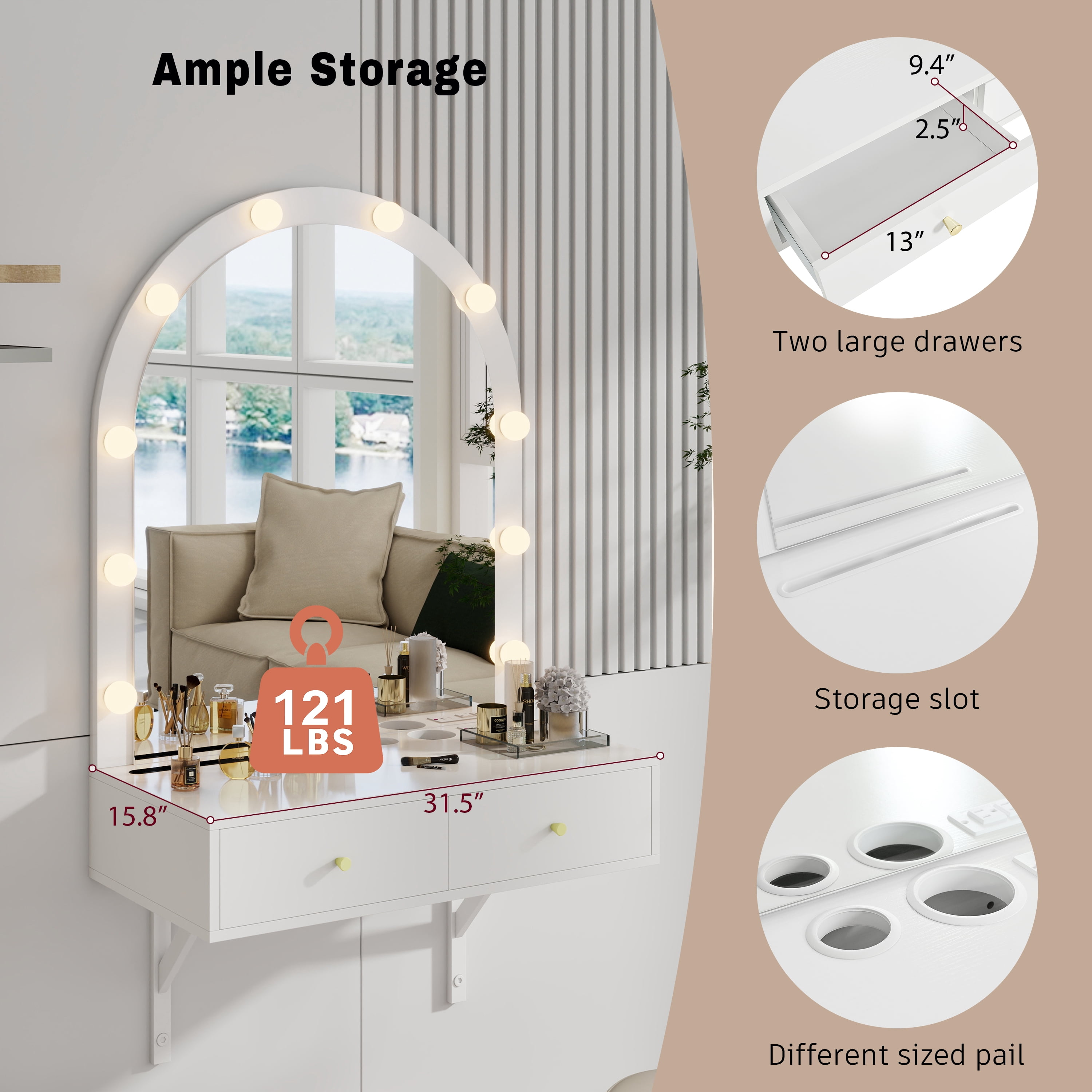 GARITIN Floating Makeup Vanity Desk 31.5 Inch, Wall Mounted Dressing Table with LED Mirror and Power Outlet for Bedroom Bathroom, White