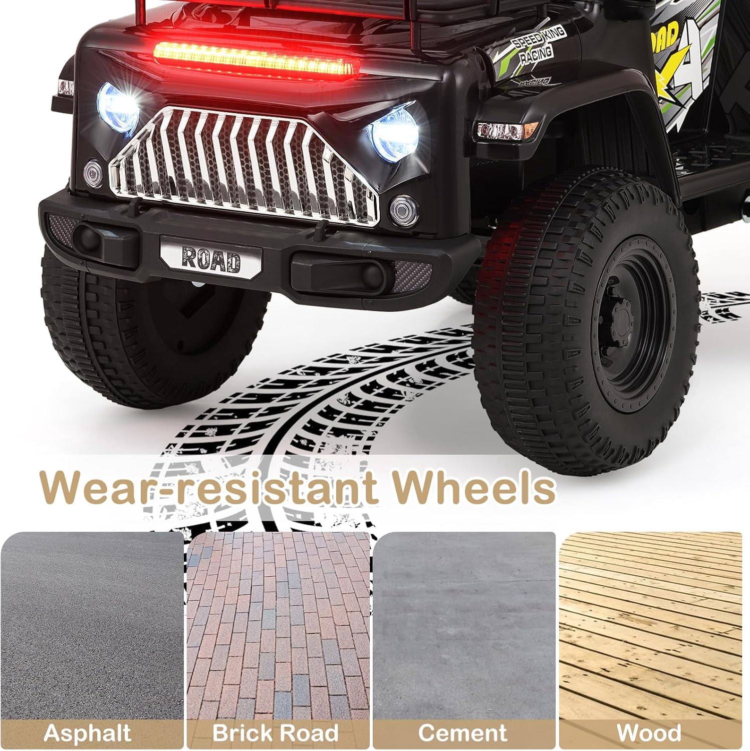 OLAKIDS Kids Ride on Car, 6V Battery Powered Electric Vehicle ATV for Toddlers with Foot Pedal, Music, Horn, Radio, Rear Storage, LED Lights, USB, 4 Wheels Toys for Boys Girls Aged 3-8 Years