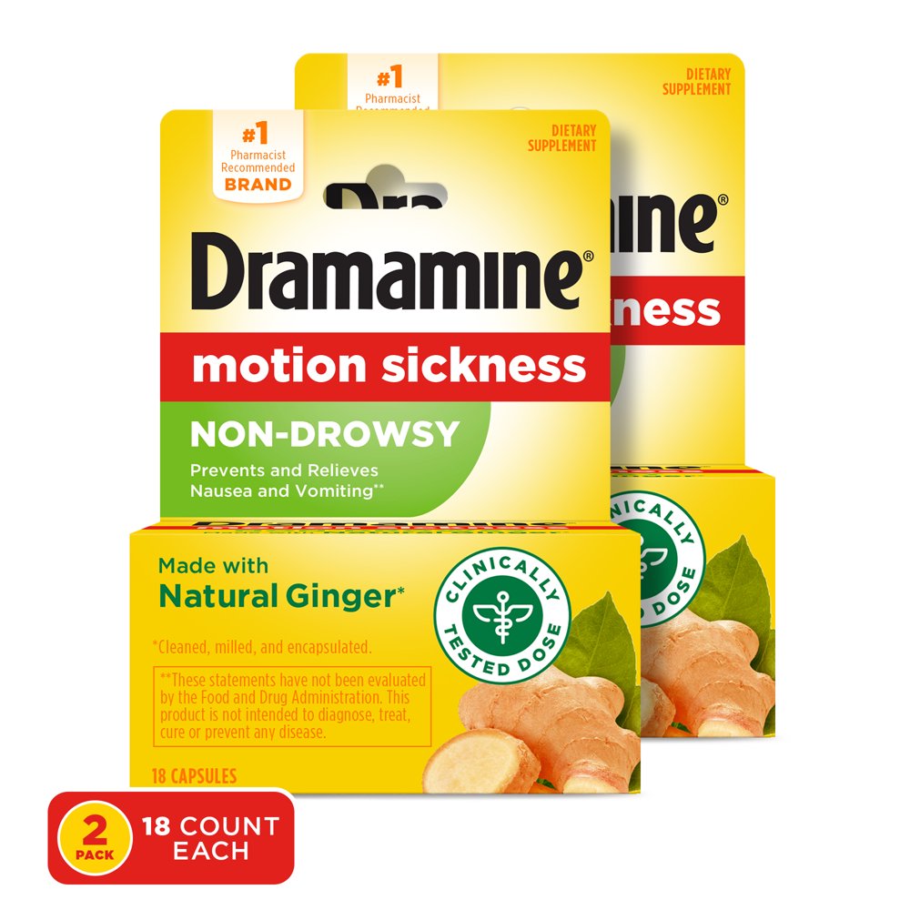 Dramamine Motion Sickness NonDrowsy, 18 Count, 2 Pack