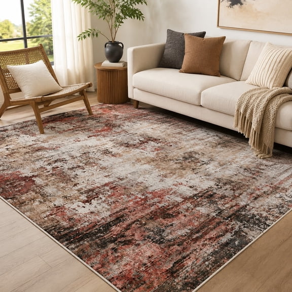9x12 Washable Rust Red Area Rug with Vintage Multi Print for Living Room