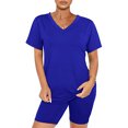 thumbnail image 3 of Ensemble de Deux Pièces pour Femmes Manches Courtes V Cou Biker Shorts (Bleu, 2XL), 3 of 5
