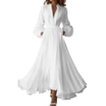 thumbnail image 3 of TaTaai Women Casual Solid V-Neck Long Sleeve Pleated Dress with Belt Loose Fit Maxi Dress Ladies Holiday Gathering Vacation Wear Lightweight Breathable No Fading Soft Comfortable Dress Gift, 3 of 6