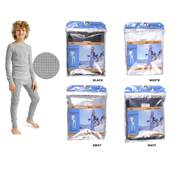 Therma Tek Boys Thermal Underwear Cotton Waffle Long Johns 2pc Top & Bottom, White, L
