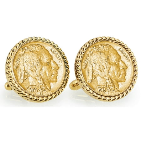 Gold-Layered 1913 First-Year-of-Issue Buffalo Nickel Goldtone Rope Bezel Coin Cuff Links