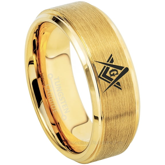 Mens Masonic Tungsten Ring - Freemason Masonic Symbol Ring - 8MM Brushed Yellow Gold Plated Tungsten Carbide Ring TN719BMSs7