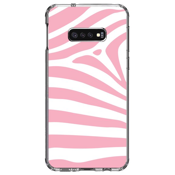 DistinctInk Clear Shockproof Hybrid Case for Samsung Galaxy S10e (5.8" Screen) - TPU Bumper, Acrylic Back, Tempered Glass Screen Protector - Pink & White Zebra Skin Stripes