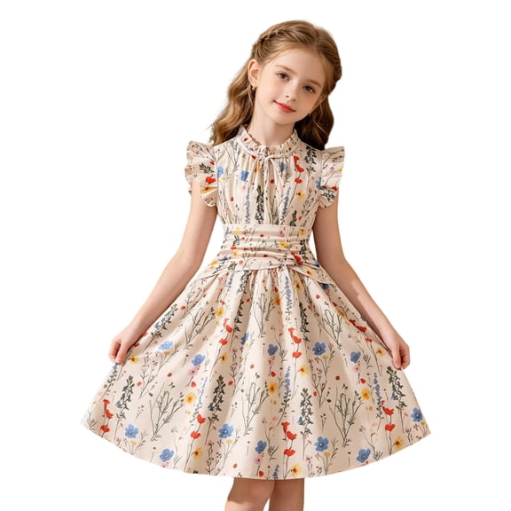FYDUU Summer Girls' Dresses Floral A-Line Dress Flutter Sleeve Waist Definition Midi Casual Swing Sundress Elegant Party Wear 10 Years