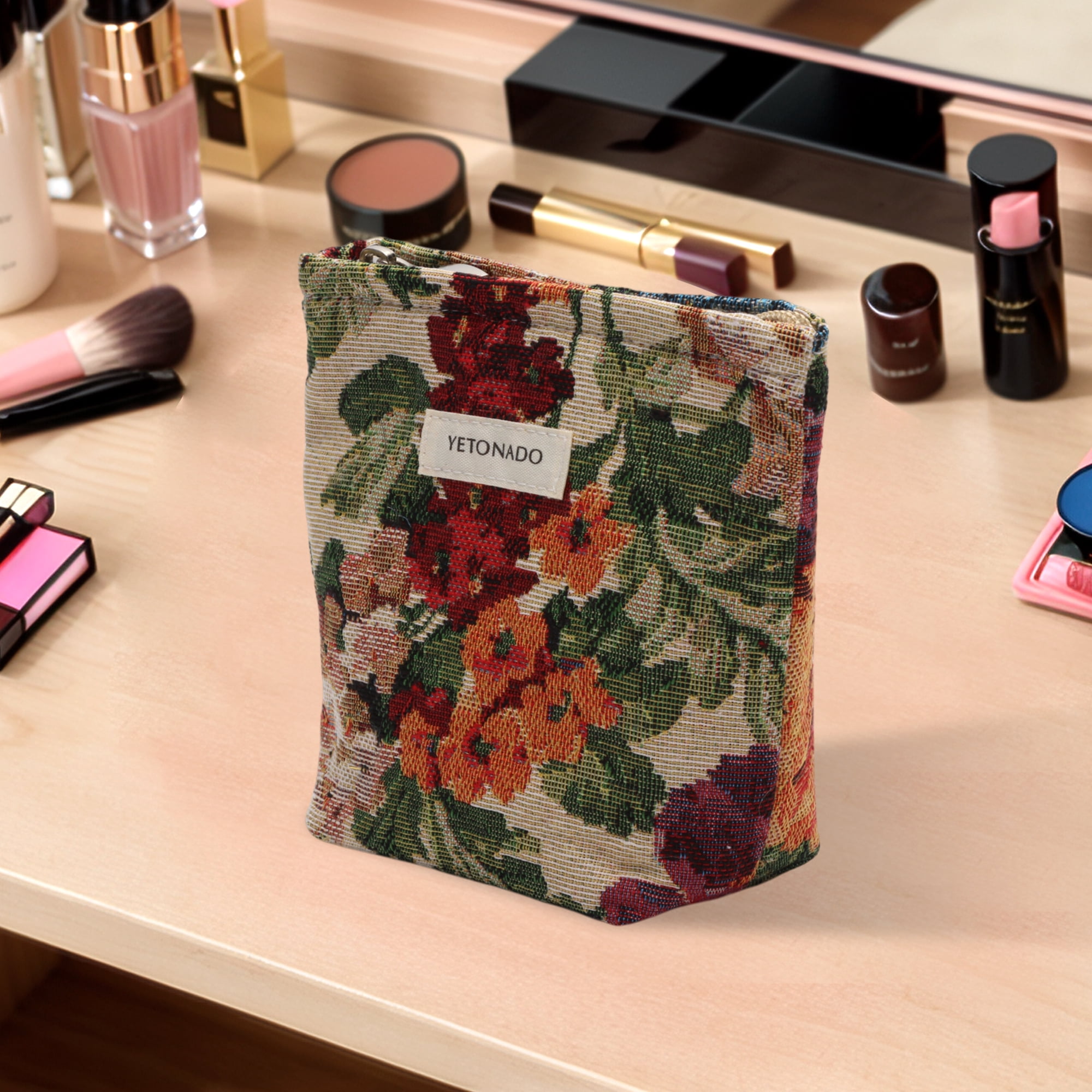 Unique Bargains 1 Pc Versatile Flower Handheld Makeup Bag Beige Small