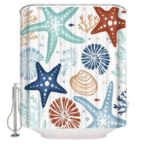 Fabric Shower Curtain, Summer Ocean Navy Blue and Red Coral Starfish Seashells Shower Curtains with 12 Hooks Waterproof Machine Washable Bath Curtains for Bathroom, 36 x 78in