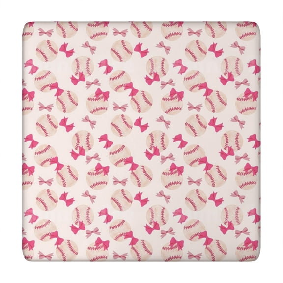 Pink Bows and Baseballs Pattern Square Fitted Tablecloth with Elastic Edge,Square Table Cover,Washable Elastic Table Cover for Home Kitchen Party Decor 34"x34"