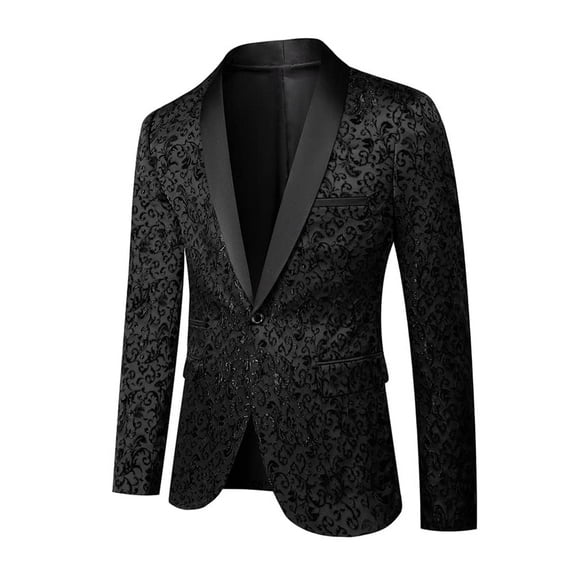 Mens Floral Jacquard Dress Suit Jacket 1 Button Print Tux Blazer Sport Coat-Black