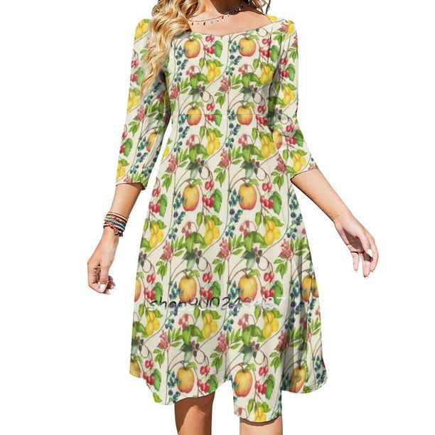 La alegría del verano Vestido acampanado Vestido de cuello cuadrado Vestido estampado de moda femenina elegante Erfolgreichillustrator2 Fruta Verano