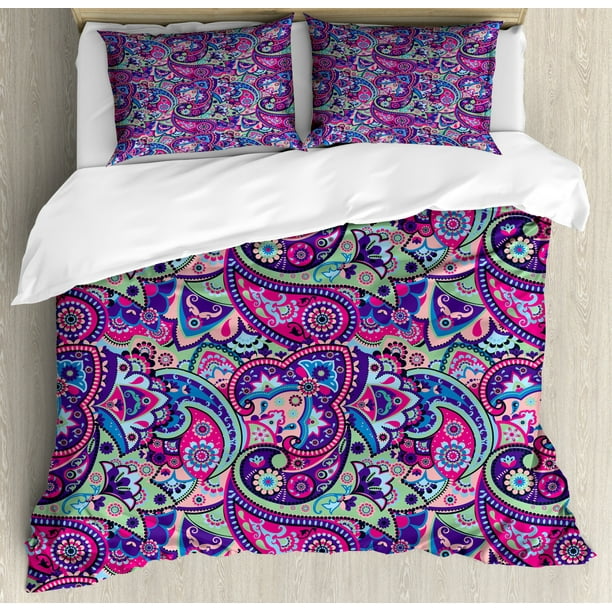 Navy and Blush King Size Duvet Cover Set, Pattern Based on Traditional Asian Elements Paisley