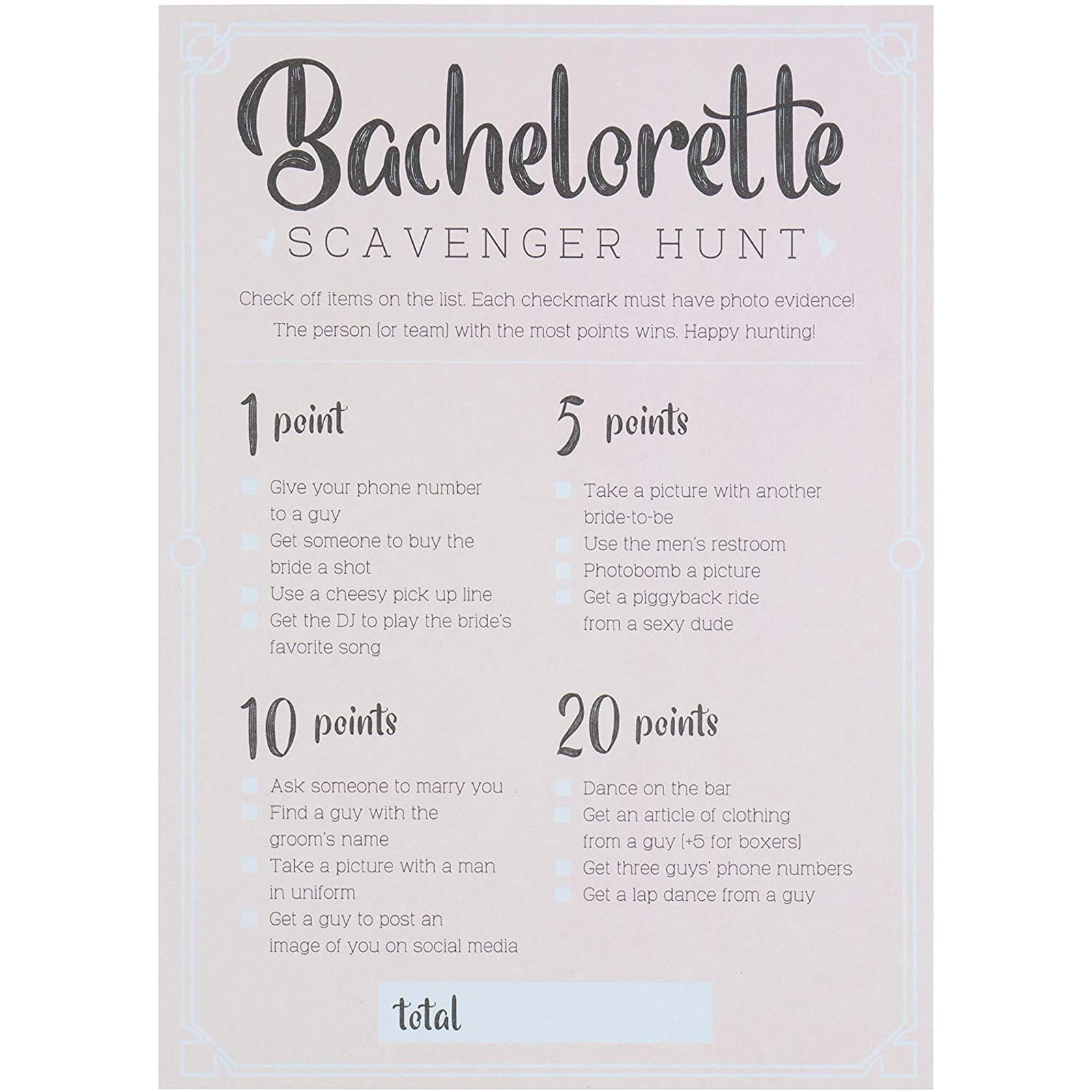 Bachelorette Party Games, 50-Pack Bar Scavenger Hunt Drinking Game and  Dares, Fun Novelty Cards for Girls Night Out Idea, Bridal Shower Decoration  - Walmart.com