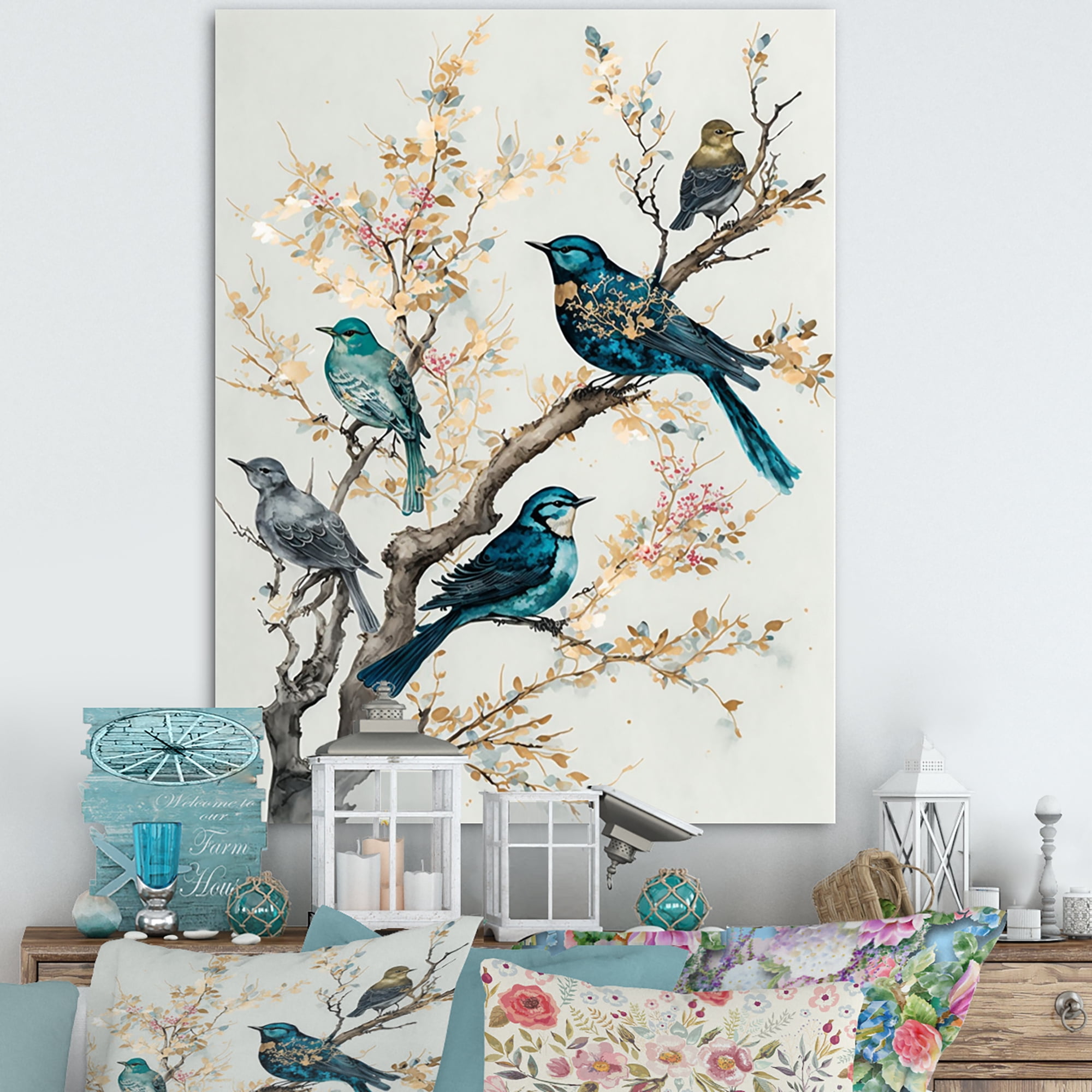 Designart Multicolor Birds On Plum Blossoms Tree IX Canvas Wall Art