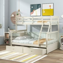 Twin Over Full Bunk Bed Frame with 2 Storage Drawers, Wooden Bunk Beds Frame with Ladder and Safety Guard Rails, Space-Saving, Easy Assembly, Mattress Not Included, Cream Color
