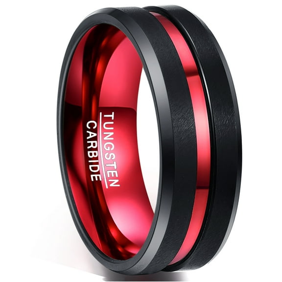 8mm Black Tungsten Rings for Men Women Red Groove Wedding Bands Beveled Edges Comfort Fit Size 4-16