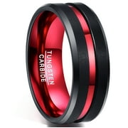 8mm Black Tungsten Rings for Men Women Red Groove Wedding Bands Beveled Edges Comfort Fit Size 4-16