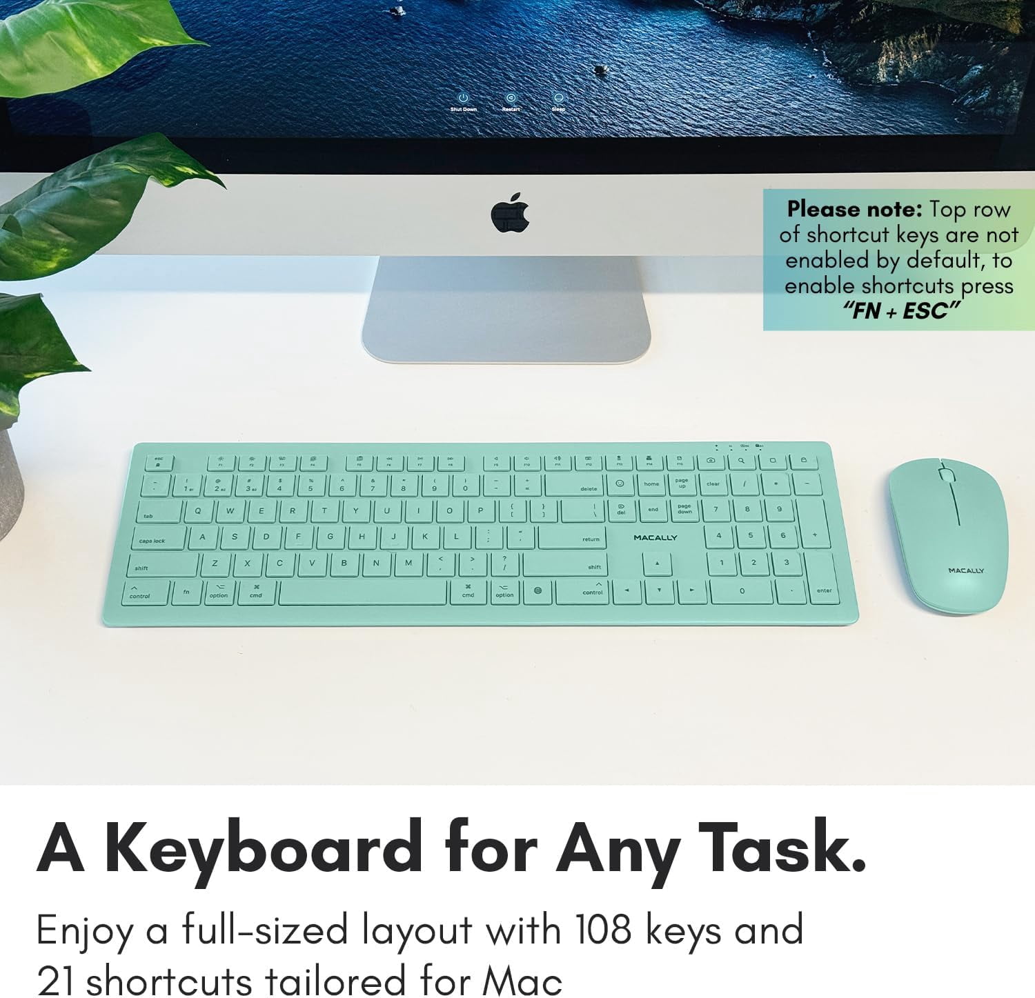 Macally Wireless Keyboard and Mouse Combo for Mac Mini/Pro, iMac, MacBook, iPad, iPhone - Compatible Bluetooth Apple Keyboard and Mouse Combo (Multi Device, Rechargeable, Emoji Keys) - Light Green
