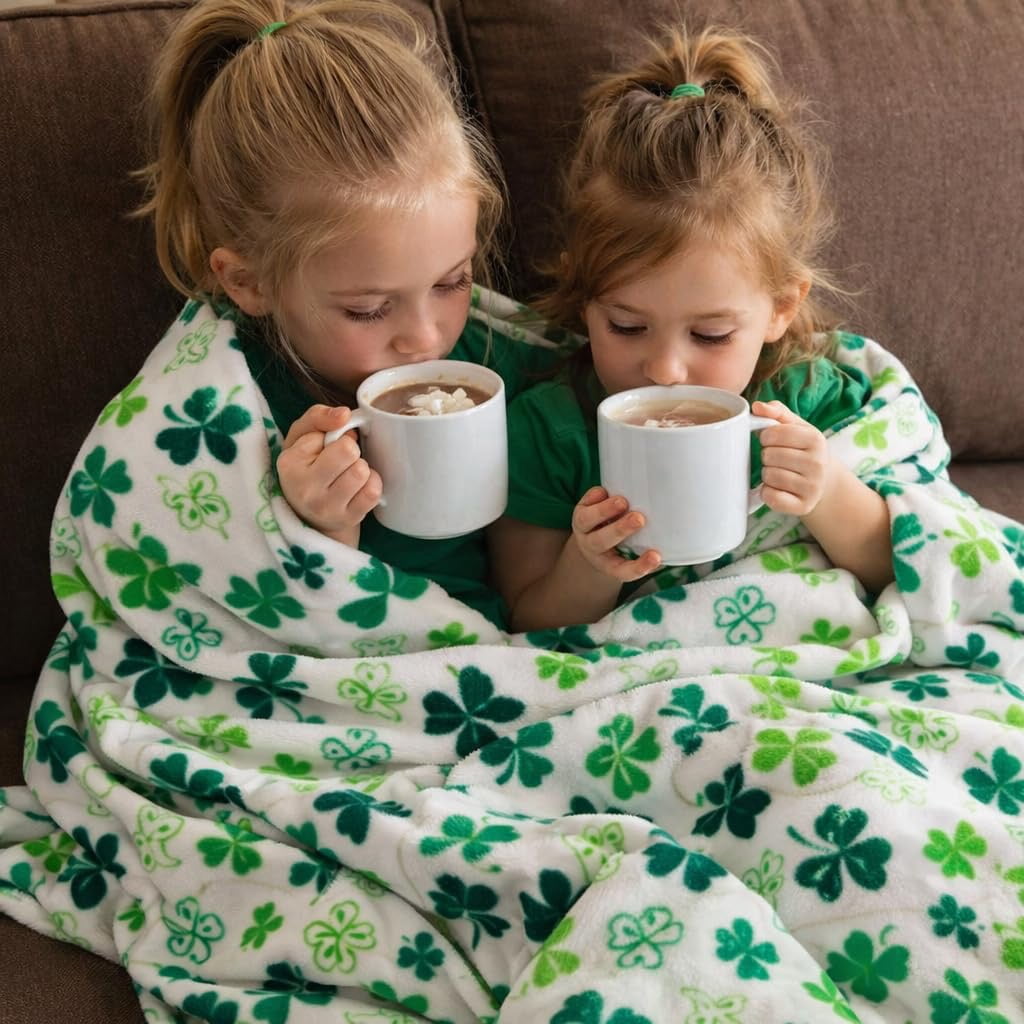 Serafina Home St. Patrick's Day Soft Throw Blanket: Greens of Ireland Four Leaf Clover Shamrock Design 50" x 70"