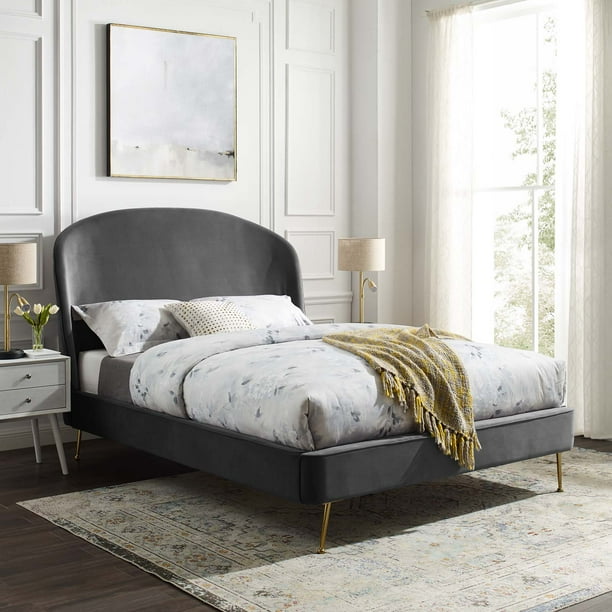 Mira Upholstered Performance Velvet Queen Platform Bed in Gray ...