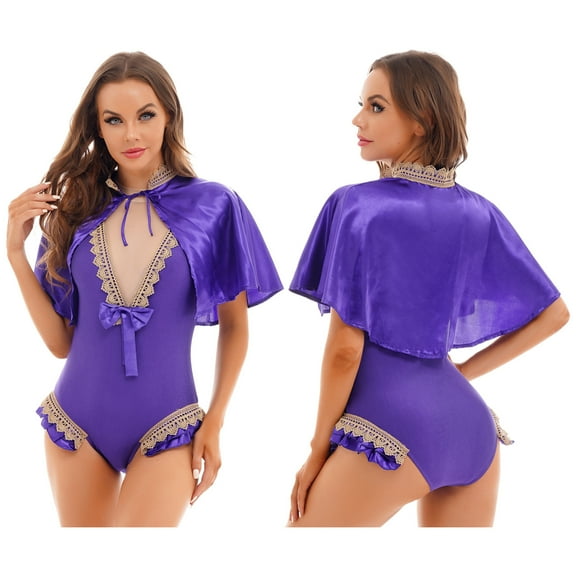 Aiihoo Women's Circus Trapeze Artist Cape Top with Leotard Bodysuit Purple L