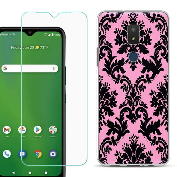 Slim-Fit TPU Fashion Phone Case for Cricket Icon 3, with Tempered Glass Screen Protector, by OneToughShield ® - Victorian Pink/Black