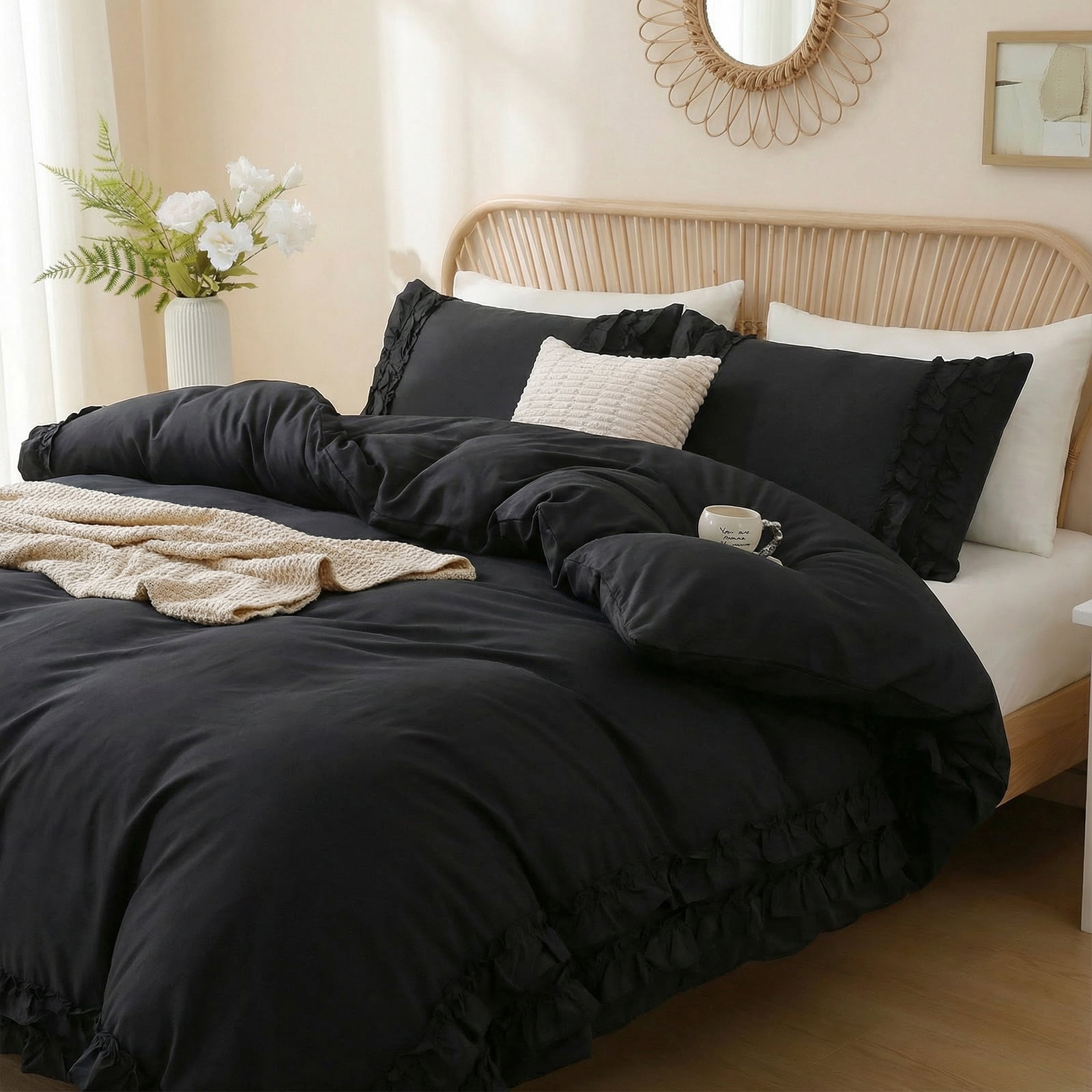 100% Cotton Ruffled Comforter Set Queen, White Shabby Chic Farmhouse Bedding Set French Country Cute Comforter Set