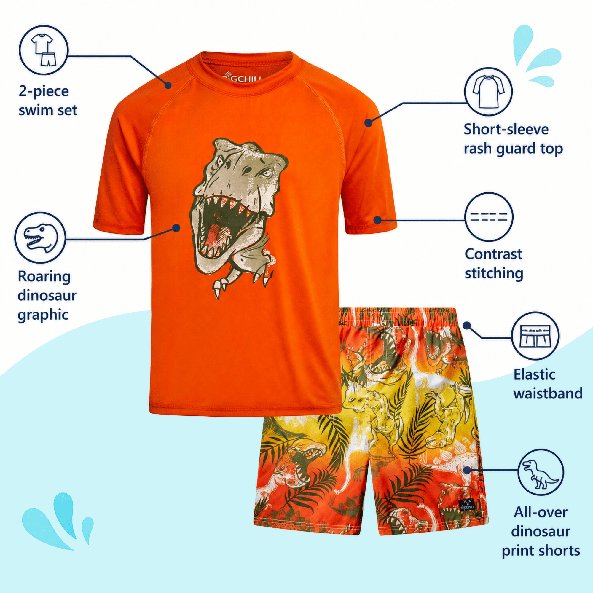 Big Chill Boys Swim Set - UPF50+ Short Sleeve Rash Guard Swim Shirt and Swim Trunks 2 Piece Set