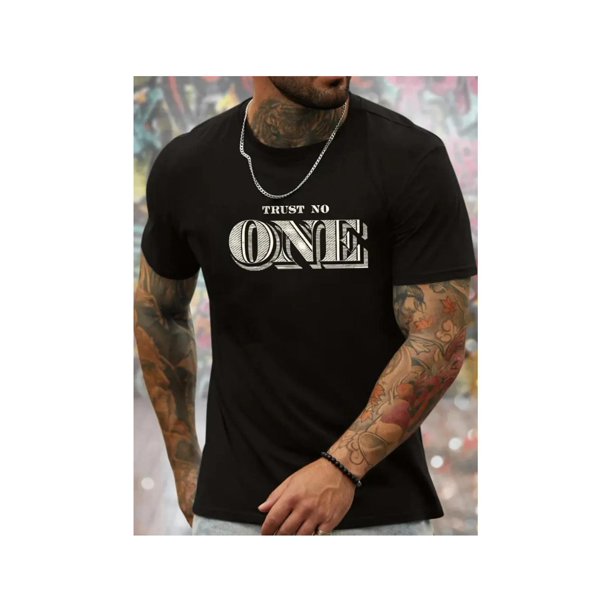Camiseta informal de algodón para hombre - Estampado gráfico "Trust No One", cuello redondo, manga corta, corte regular - Lavable a máquina. Camiseta de verano negra, manga corta.