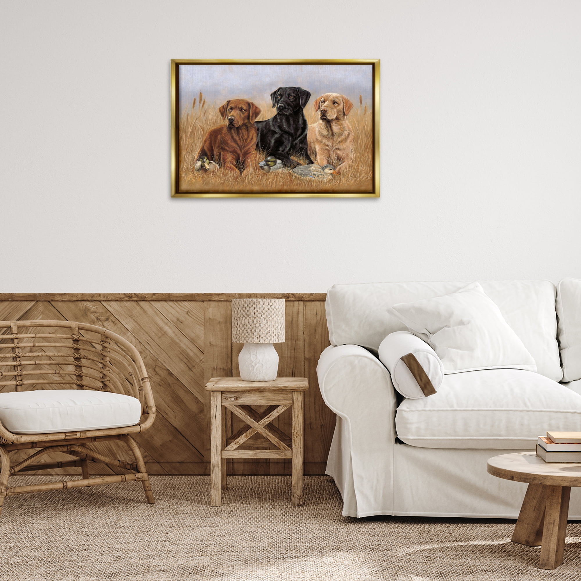 Stupell Industries Dog Trio & Ducks Animals & Insects Painting Gold Floater Framed Canvas Art Print Wall Art, 31 x 21