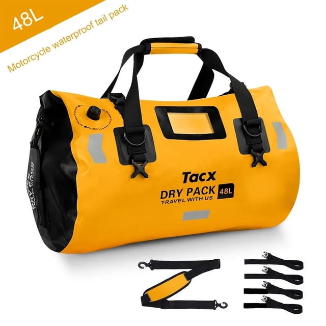 TFixol 48L Waterproof Motorcycle Tail Bag with Reflective Design, Multi-Purpose Travel Luggage for Outdoor Cycling and Adventure, Quick Release Straps, Orange/Yellow/Gray