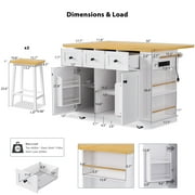 Yoneston 53 Rolling Kitchen Island with 2 Bar Stools, Kitchen Storage Cart with Power Outlet, Internal Storage Rack, Drop Leaf, 5 Open Side Racks, 3 Drawers 2 Doors for Kitchen Dining Room, White