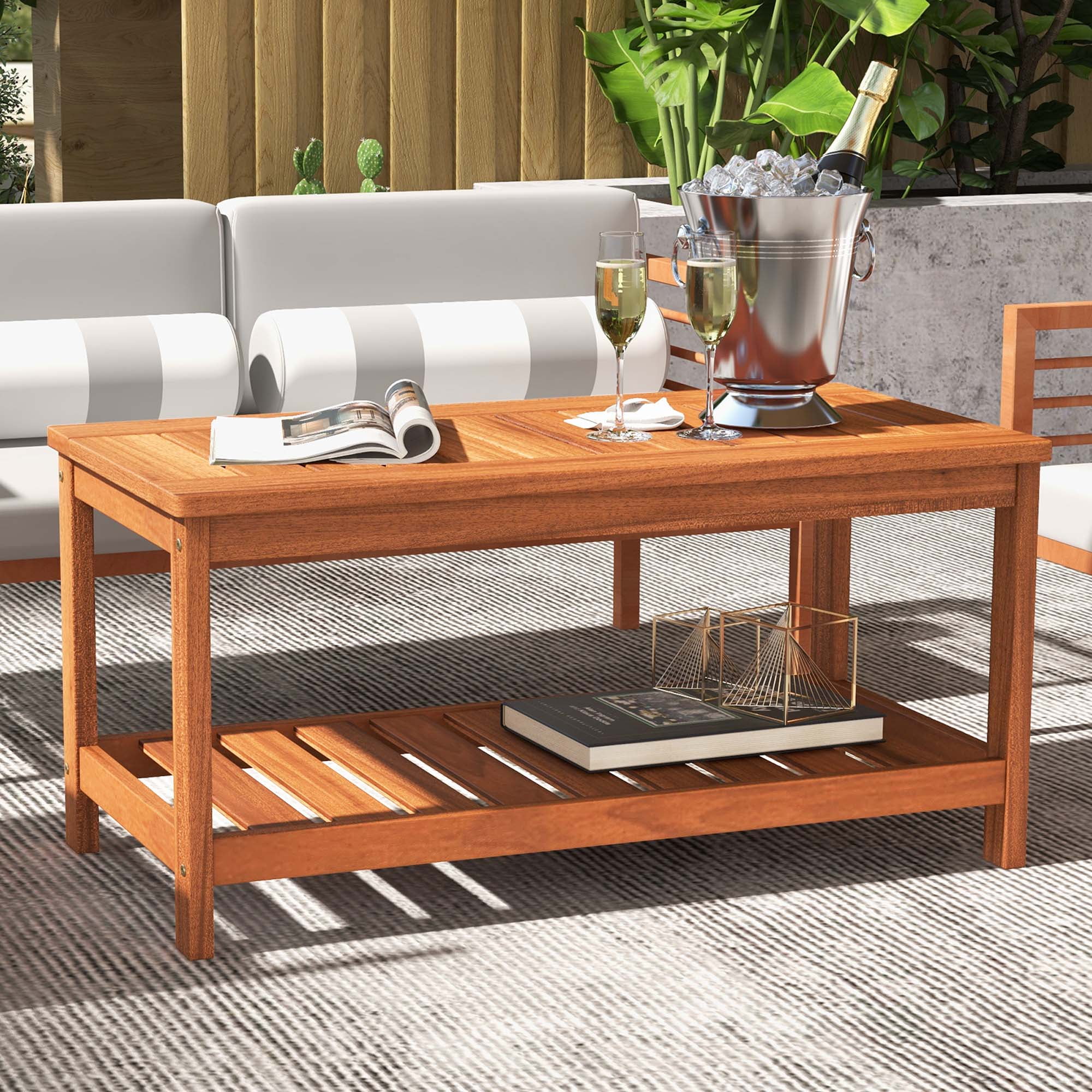 Costway 2-Tier Outdoor Solid Wood Coffee Table
