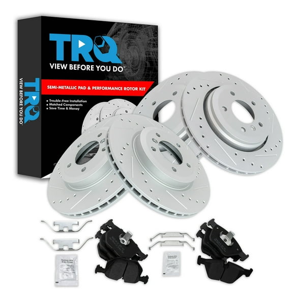 TRQ Front and Rear Performance Brake Pad & Rotor Kit Brake Pads Brake Rotors Set Semi-Metallic Premium G-Coated Fits Select 2001-2006 BMW 330Ci 2001-2005 330i 330xi