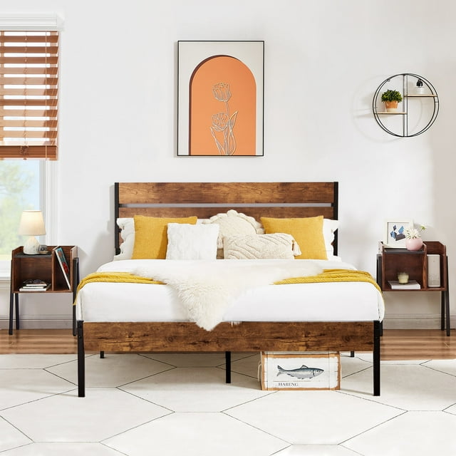 VECELO 3Piece Bedroom Set with 2 Nightstands, Queen Size Metal Bed
