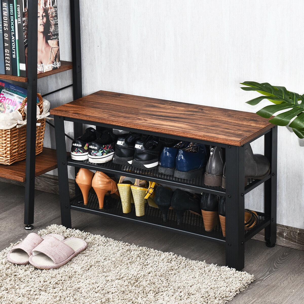 Gymax 3-Tier Shoe Rack, Industrial Shoe Bench with Storage Shelves