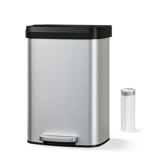 Kitchen Trash Can – Hands-Free Step-On 13 Gal Stainless Steel – Tall, Soft-Close Lid – Odor Control, Liner Rim & Rear Handle – Rustproof – Silver