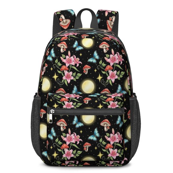 Mushroom and Lily Black Pattern 17" School Backpacks for Teens,Waterproof Oxford Fabric,S-Shape Padded Straps for School,Travel,Hiking,Camping