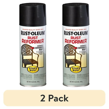 (2 pack) Black, Rust-Oleum Stops Rust, Rust Reformer Flat Spray Paint- 215215, 10.25 oz
