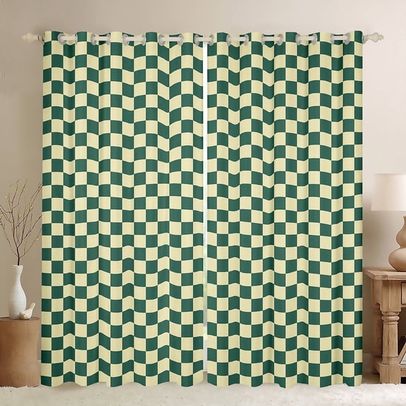 jejeloiu Geometric Plaid Curtains Pack of 2 (42x84 Each),Modern Geometric Aesthetic Curtains Blackout,Green White Bedroom Curtains For Girls,Microfiber Room Decoration