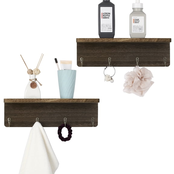 Set of 2 Rustic Wood Wall Mounted Entryway Shelves with 4 Hooks Each, 16.3" Floating Organizers