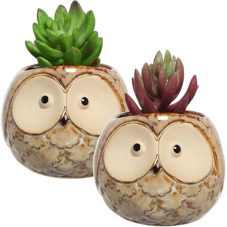 MyGift Set of 2 Owl Design Small Brown Ceramic Plant Flower Container Pots