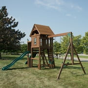 Swing-N-Slide Monteagle Wooden Backyard Swing Set with Two Wave Slides, Wood Roof, Climbing Wall, and Swings